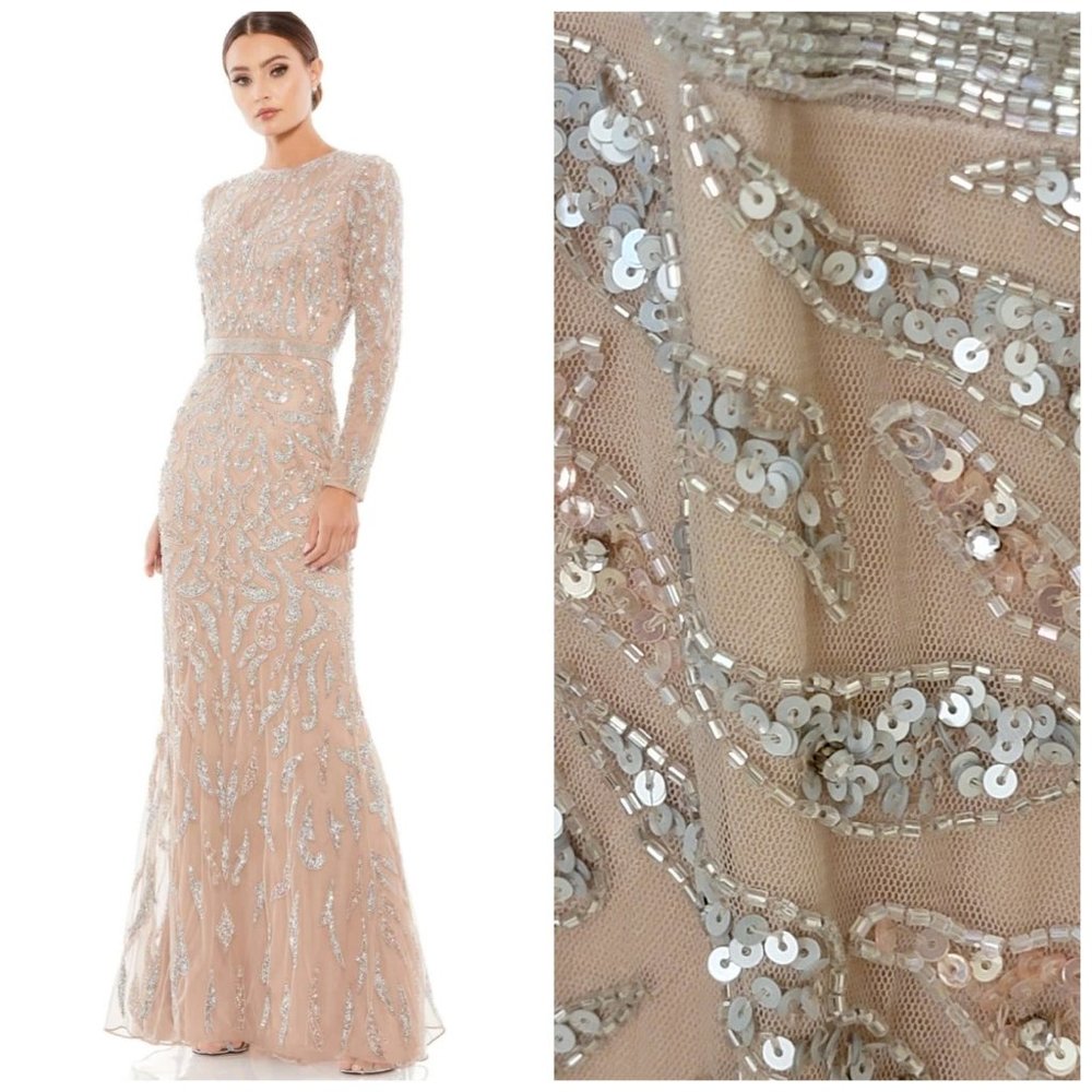 NWT Mac Duggal Mocha Beaded Long Sleeve Evening Gown Mocha Pink 5124‎